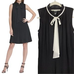 DKNY black and crème fit and flare pleated dress NWT